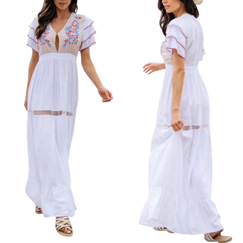 White Lace Floral Embroidered Plunge Ruffle Sleeve Boho Cottage Maxi Dress M New
